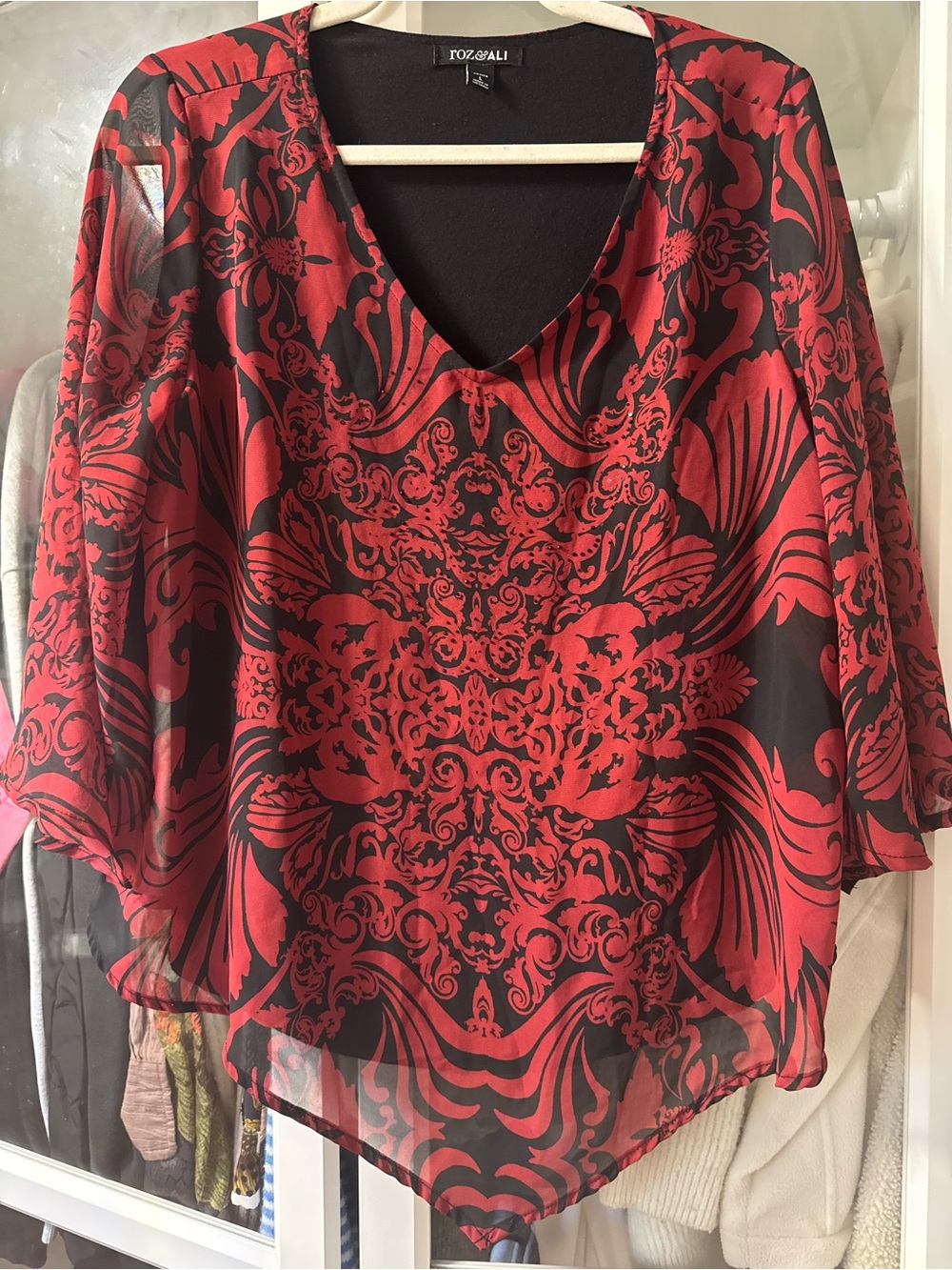 Roz & Ali Red and Black V-Neck Floral Scroll Tunic - Picture 3 of 6